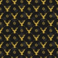 Vector seamless Christmas pattern with golden silhouettes of deers on black background. Royalty Free Stock Photo